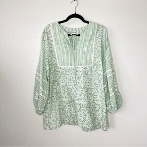 Sue Sartor Green Floral Oversized Tunic Blouse Size XS